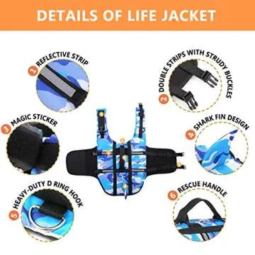Letsqk Dog Life Jacket Ripstop Fin Shark Flotation Lifesaver Vests with Rescue Handle and High Buoyancy for Small Medium Large Dogs, Pet Safety Swimsuit Preserver for Swimming Pool Beach, Blue, L