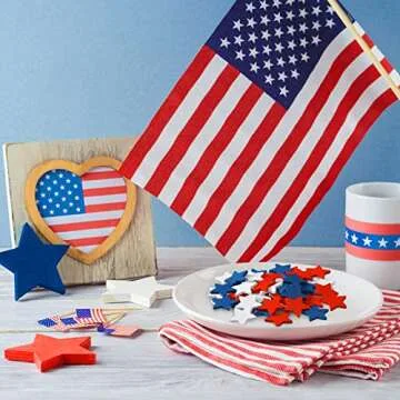 Bucherry 45 Pcs Wooden Stars Decorations 4th of July Patriotic Star Ornaments for Crafts Red White Blue Star Shape Cutouts Vase Bowl Filler Tiered Tray Decor for Independence Memorial Day