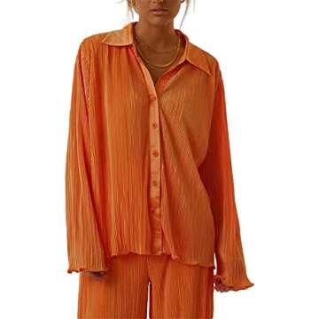 NUFIWI Women Y2K 2 Piece Pants Set Oversized Floral Printed Button Down Shirt High Waist Pants Outfits Summer Streetwear(Pleated Solid Orange,Small)