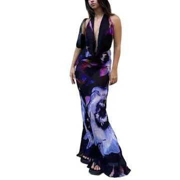 Women's Sexy Purple Print Backless Maxi Dress Elegant Sleeveless Draped Cowl Neck Bodycon Summer Bea...