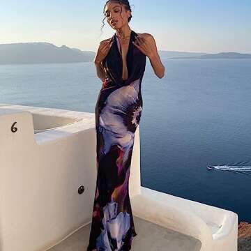 Women's Sexy Purple Print Backless Maxi Dress Elegant Sleeveless Draped Cowl Neck Bodycon Summer Beach Cocktail Party Dress