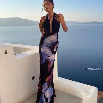Women's Sexy Purple Print Backless Maxi Dress Elegant Sleeveless Draped Cowl Neck Bodycon Summer Beach Cocktail Party Dress