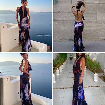 Women's Sexy Purple Print Backless Maxi Dress Elegant Sleeveless Draped Cowl Neck Bodycon Summer Beach Cocktail Party Dress