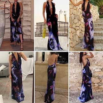 Women's Sexy Purple Print Backless Maxi Dress Elegant Sleeveless Draped Cowl Neck Bodycon Summer Beach Cocktail Party Dress
