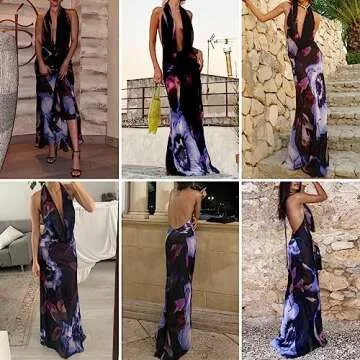 Women's Sexy Purple Print Backless Maxi Dress Elegant Sleeveless Draped Cowl Neck Bodycon Summer Beach Cocktail Party Dress