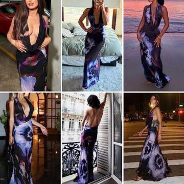 Women's Sexy Purple Print Backless Maxi Dress Elegant Sleeveless Draped Cowl Neck Bodycon Summer Beach Cocktail Party Dress