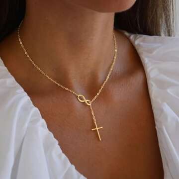 Poxtex Cross Necklace for Women Dainty Trendy 14K Gold Plated Jewelry for Women Long Y Necklace Side...