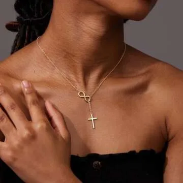Poxtex Cross Necklace for Women Dainty Trendy 14K Gold Plated Jewelry for Women Long Y Necklace Sideway Cross Non Tarnish Waterproof Golden Accessories Christian Faith Jewelry Easter Gift
