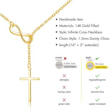 Poxtex Cross Necklace for Women Dainty Trendy 14K Gold Plated Jewelry for Women Long Y Necklace Sideway Cross Non Tarnish Waterproof Golden Accessories Christian Faith Jewelry Easter Gift