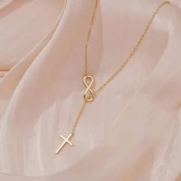 Poxtex Cross Necklace for Women Dainty Trendy 14K Gold Plated Jewelry for Women Long Y Necklace Sideway Cross Non Tarnish Waterproof Golden Accessories Christian Faith Jewelry Easter Gift