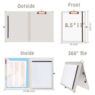 HAUTOCO Clipboard Folio with Refillable Lined Notepad for Letter Size (11" x 8.5"), 5 Dividers with 10 Pockets, Elastic Pen Holder and File Folder Labels, Spiral Nurse Clipboard Artboard(Gray)