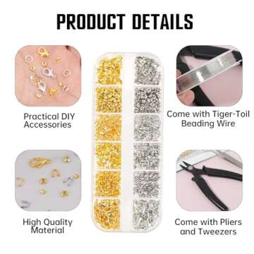 1200 Pcs Crimp Covers Beads for Jewelry Making, Crimp Tubes Crimp Lobster Clasps, Jump Rings, Crimping Pliers Tweezers and Beading Wire Guardians with Clear Storage Box