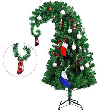 CCINEE 5 Feet Pine Christmas Tree Decor with Solid Metal Stand Santa Claus Artificial Full Green Tree Xmas Whimsical Bent Top Christmas Tree for Party Indoor Outdoor Living Room Home