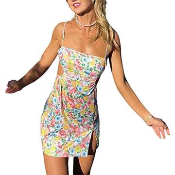 Women Y2K Mini Dress Spaghetti Strap Bodycon Sundress Vintage Ruched Beach Short Dress Harajuku E-Gi...