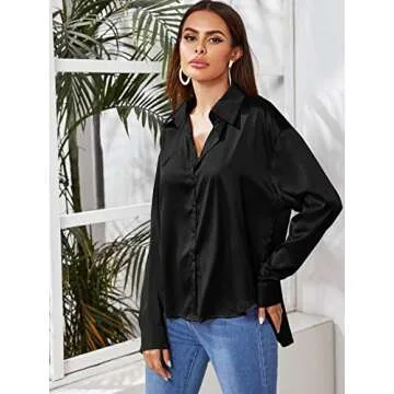 SOLY HUX Women's Satin Silk Long Sleeve Button Down Shirt Formal Work Blouse Top Black L