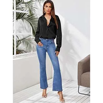 SOLY HUX Women's Satin Silk Long Sleeve Button Down Shirt Formal Work Blouse Top Black L