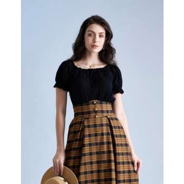 Women's Renaissance Blouse Short Sleeve Off Shoulder Casual Tops Medieval Peasant Shirt Black S