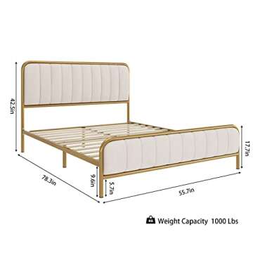 HITHOS Full Size Bed Frame with Button Tufted Headboard, Upholstered Heavy Duty Metal Mattress Foundation with Wooden Slats, Easy Assembly, No Box Spring Needed (Golden/Off White, Full)