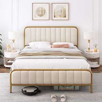 HITHOS Full Size Bed Frame with Button Tufted Headboard, Upholstered Heavy Duty Metal Mattress Foundation with Wooden Slats, Easy Assembly, No Box Spring Needed (Golden/Off White, Full)