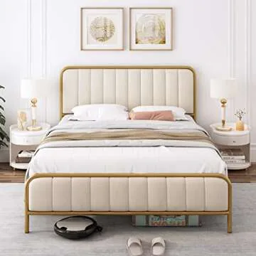 HITHOS Full Size Bed Frame with Button Tufted Headboard, Upholstered Heavy Duty Metal Mattress Foundation with Wooden Slats, Easy Assembly, No Box Spring Needed (Golden/Off White, Full)