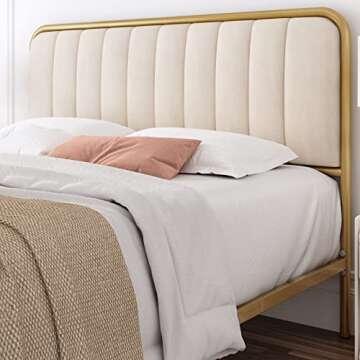 HITHOS Full Size Bed Frame with Button Tufted Headboard, Upholstered Heavy Duty Metal Mattress Foundation with Wooden Slats, Easy Assembly, No Box Spring Needed (Golden/Off White, Full)