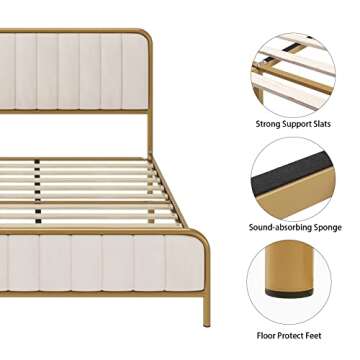 HITHOS Full Size Bed Frame with Button Tufted Headboard, Upholstered Heavy Duty Metal Mattress Foundation with Wooden Slats, Easy Assembly, No Box Spring Needed (Golden/Off White, Full)