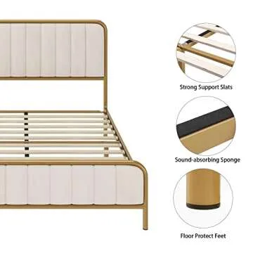 HITHOS Full Size Bed Frame with Button Tufted Headboard, Upholstered Heavy Duty Metal Mattress Foundation with Wooden Slats, Easy Assembly, No Box Spring Needed (Golden/Off White, Full)