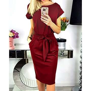PRETTYGARDEN Women's Summer Short Sleeve Crewneck Striped Dress Basic Solid Tie Waist Office T Shirt Dresses Pockets Wine Red Medium