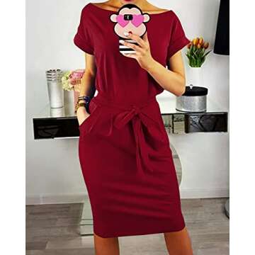 PRETTYGARDEN Women's Summer Short Sleeve Crewneck Striped Dress Basic Solid Tie Waist Office T Shirt Dresses Pockets Wine Red Medium
