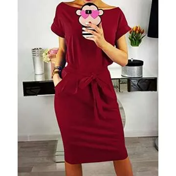 PRETTYGARDEN Women's Summer Short Sleeve Crewneck Striped Dress Basic Solid Tie Waist Office T Shirt Dresses Pockets Wine Red Medium