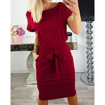 PRETTYGARDEN Women's Summer Short Sleeve Crewneck Striped Dress Basic Solid Tie Waist Office T Shirt Dresses Pockets Wine Red Medium