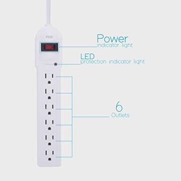 KMC 6-Outlet Surge Protector Power Strip 2-Pack, Overload Protection, 4-Foot Cord, 900 Joule - White