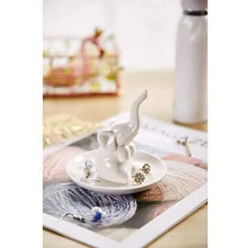 HOME SMILE Elephant Ring Dish Holder for Jewelry,Elephant Gifts for Women Chritsmas,Engagement Wedding Trinket Trays,Ceramic White