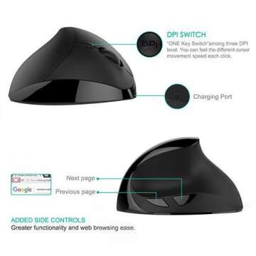 Lekvey Small Hand Ergonomic Mouse, Vertical Wireless Mouse - Rechargeable 2.4GHz Optical Vertical Mice : 3 Adjustable DPI 6 Buttons, for Laptop, PC, Computer, Desktop, Notebook etc, Black