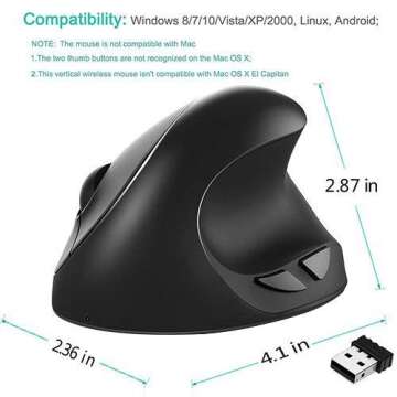 Lekvey Small Hand Ergonomic Mouse, Vertical Wireless Mouse - Rechargeable 2.4GHz Optical Vertical Mice : 3 Adjustable DPI 6 Buttons, for Laptop, PC, Computer, Desktop, Notebook etc, Black