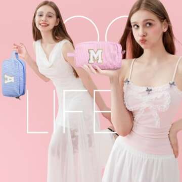 YOOLIFE Makeup Bag for Women - Monogram Cute Initial Pink Makeup Bags Cosmetic Toiletry Pouch Make U...