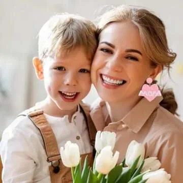 Mom Earrings Beaded Heart Mom Earrings for Women Handmade Bead Drop Dangle Earrings Birthday Mother’s Day Gift