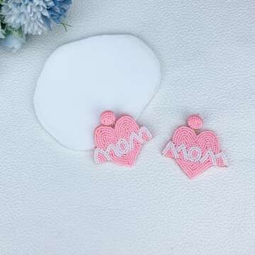 Mom Earrings Beaded Heart Mom Earrings for Women Handmade Bead Drop Dangle Earrings Birthday Mother’s Day Gift