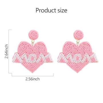 Mom Earrings Beaded Heart Mom Earrings for Women Handmade Bead Drop Dangle Earrings Birthday Mother’s Day Gift