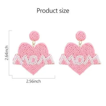 Mom Earrings Beaded Heart Mom Earrings for Women Handmade Bead Drop Dangle Earrings Birthday Mother’s Day Gift