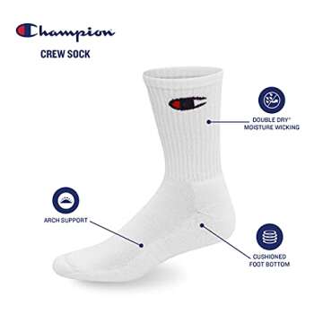 Champion Men's Double Dry Moisture Wicking Crew Socks 6, 8, 12 Packs Availabe, White/Grey/Black-6 Pa...