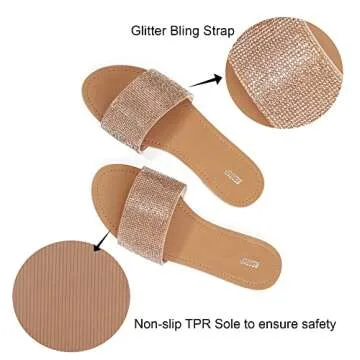 REDTOP Women‘s Slip on Sandals Slide Glitter Bling Casual Sandal Flat Open Toe Sparkle Slides Rose Gold Size 10