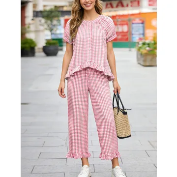Yeokou Womens Cotton Button Down Pjs Set