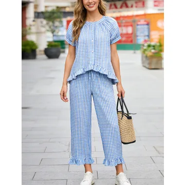 Yeokou Womens Cotton Button Down Pjs Set
