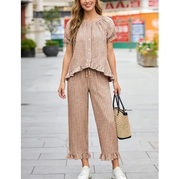 Yeokou Womens Cotton Button Down Pjs Set