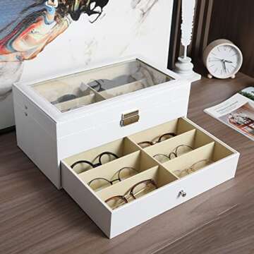 MyGift Deluxe White Wood Sunglasses Organizer, Eyewear Display Box, 2 Layer Storage Case with Glass ...