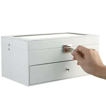 MyGift Deluxe White Wood Sunglasses Organizer, Eyewear Display Box, 2 Layer Storage Case with Glass Lid and Leatherette Trim, Holds up to 12 Pairs of Glasses