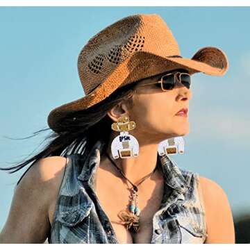 Bride Earrings Western Hat Bridal Shower Beaded Dangle Earrings Handmade Statement Western Wedding E...