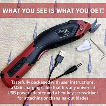 Madam Sew Electric Scissors for Fabric Cutting, Heavy Duty Cordless Shears with USB Rechargeable Battery, Trigger Operation and Non-Slip Grip Cuts Denim, Wool, Leather - REPLACEMENT BLADES AVAILABLE