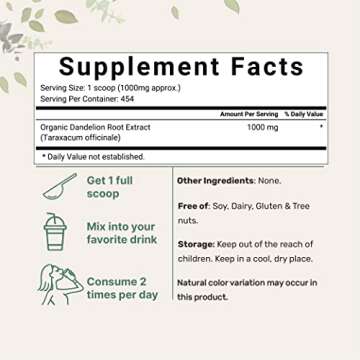 Organic Dandelion Root Tea Powder, 1lb (16oz) | Up to 450 Servings | Pure Dark Roasted Dandelion Roo...